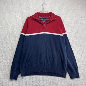 Tommy Hilfiger Sweater Mens L Blue / White / Red Cotton Half Zip Logo Classic